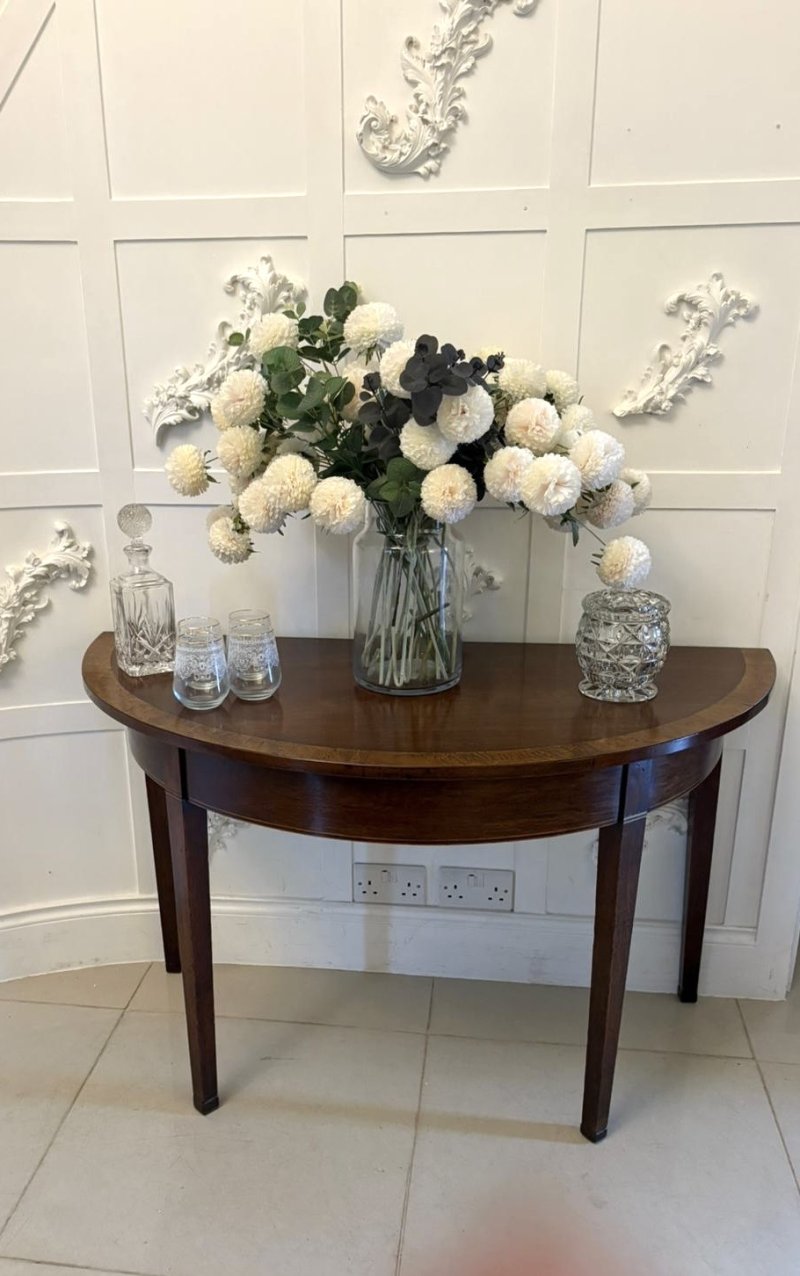 Large Pair of Antique George III Quality Figured Mahogany Demi Lune Console Tables